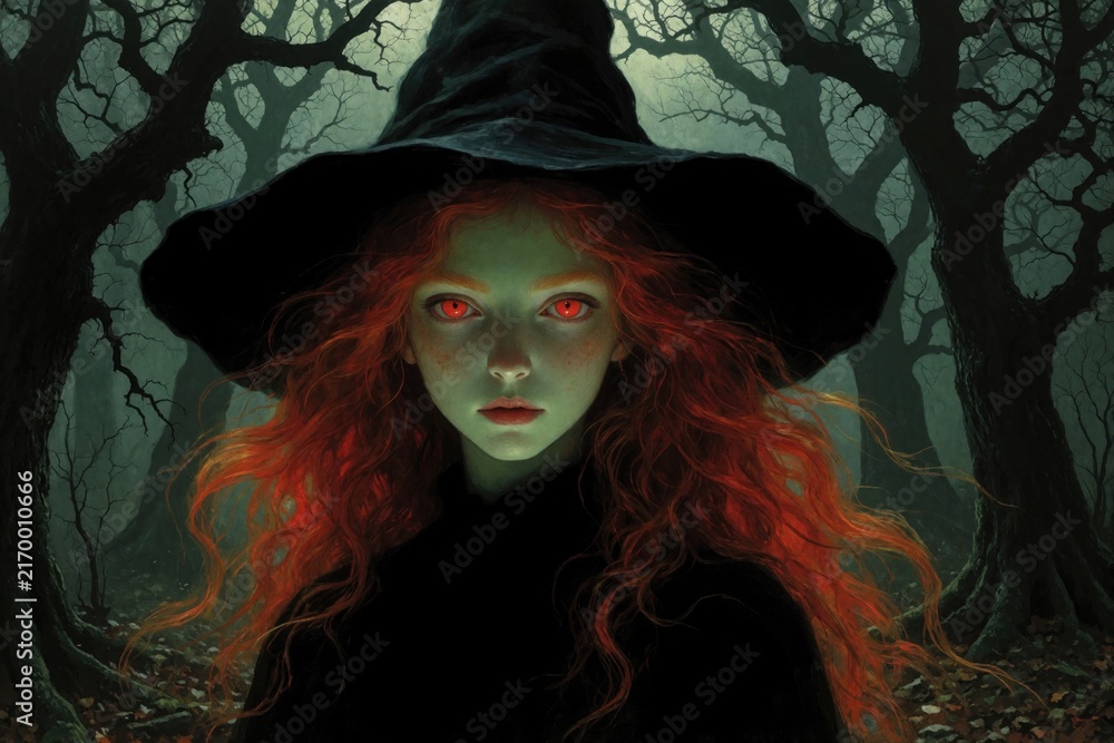 Obraz premium Portrait of red haired witch girl wearing black hat in dark spooky forest. Young sorceress with glowing red eyes stands among misty trees. Mystical fantasy woman uses magic in haunted woods during