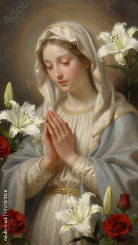 The Virgin Mary in a tranquil devotional scene, enveloped by white lilies and red roses, with a gentle and serene expression.