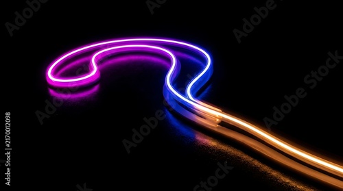 Glowing neon question mark sign with purple, blue, and orange gradient light trails on a deep black background