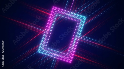 Rectangular neon frame with glowing pink and blue light streaks, radiating laser beams on a dark blue background, abstract digital light effect