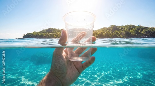 A person's hand holds a clear disposable plastic cup half submerged in turquoise ocean water near a tropical island.