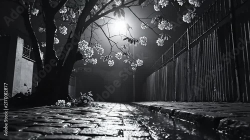 Black and white nighttime scene with tree and street lamp illuminating blooming flowers and cobblestone alleyway