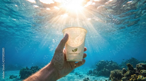 A hand holds a translucent plant-based cup underwater while bright sunlight rays shine through clear blue ocean waters.