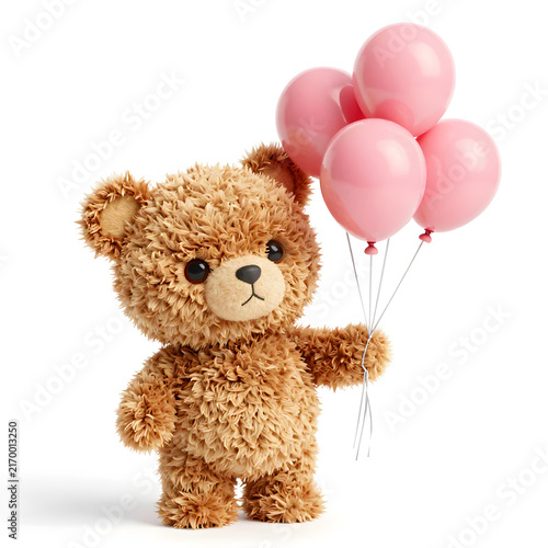 Fluffy Brown Teddy Bear Holding Pink Balloons Against Clean White Background in Soft Studio Lighting