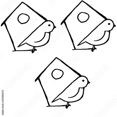 Black and White Doodle of Three Cartoon Birdhouses with Birds, Hand-Drawn Minimalist Line Art Illustration on White Background