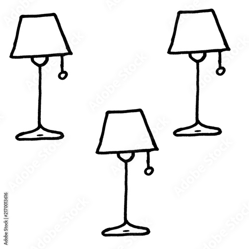 Black and White Doodle of Three Cute Cartoon Desk Lamps with Pull Chains, Hand-Drawn Line Art Illustration on White Background