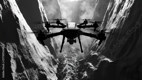 Drone flight through dramatic canyon revealing rugged textures and powerful atmospheric effects in monochromatic view