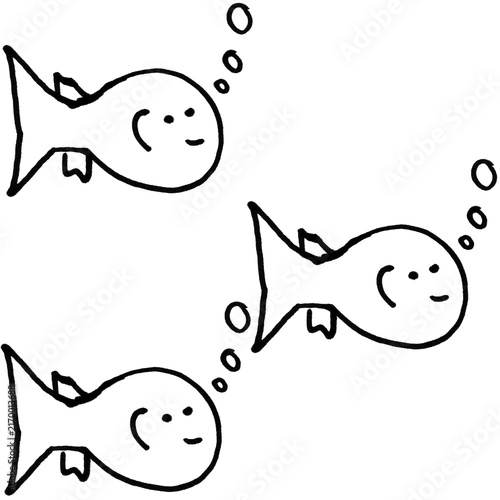 Black and White Doodle of Three Cute Cartoon Fish with Bubbles, Hand-Drawn Line Art Illustration on White Background

