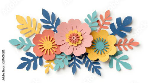 Vibrant floral collage artwork features layered cut-paper flowers and leaves in bold colors against a crisp white background.