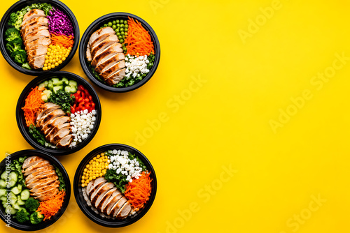 This vibrant top down studio image shows five black takeout bowls filled with grilled chicken slices, colorful vegetables, corn, peas, and white rice arranged neatly on a bright yellow background.