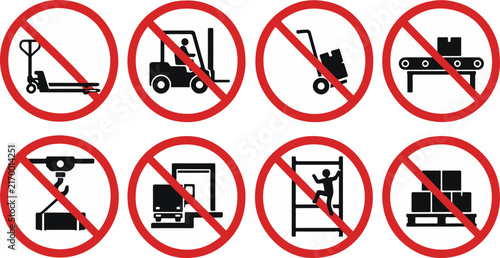 Set of prohibition signs for warehouse operations depicting no forklifts pallet jacks or heavy lifting for safety and logistics concepts