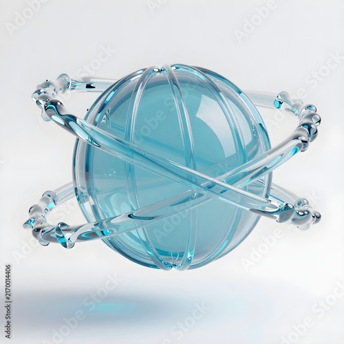 Vibrant 3D Sphere with Transparent Glass Lines and Wavy Water Texture Ribbons on a Light Background