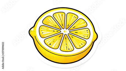 Delicious hand-drawn lemon illustration in halftone shading style as a die-cut sticker with bold border and detailed citrus slice