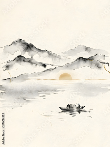 Sumi-e ink wash mountain landscape with fisherman in wooden boat, rising sun, gold kintsugi lines, textured paper