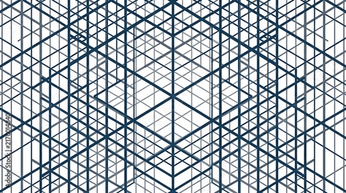 Abstract geometric line pattern with intersecting blue and gray lines forming a complex modern structure. Futuristic architectural background with repeating perspective and symmetry