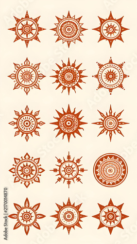 Hand-drawn tribal pattern elements featuring sun symbols and geometric borders in a warm, earthy tone on a cream-colored background.