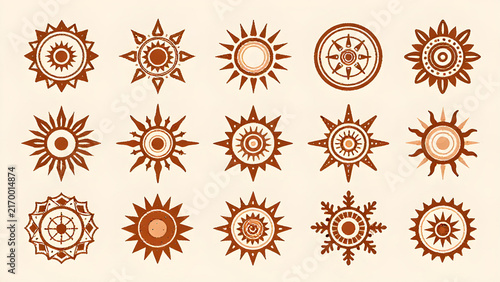Hand-drawn tribal pattern elements featuring sun symbols and geometric borders in a rich, earthy color palette with creamy background