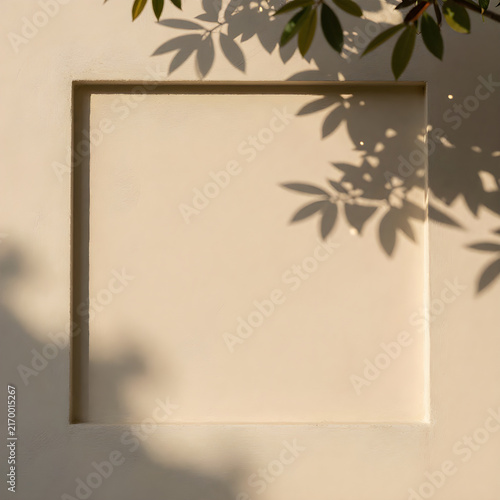Warm wooden textures, soft tree silhouettes create a serene rectangular frame on a neutral mockup wall, ideal for design concepts.