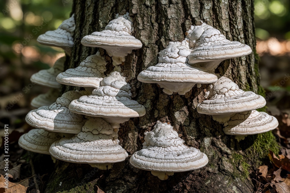 Fototapeta premium White conk mushrooms grow in clusters on a rough tree trunk in a sunlit forest. These fungi form distinct shelf like shapes with layered undersides.