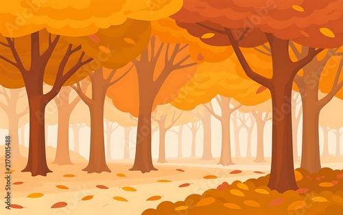 Autumn Forest Landscape Background Vector Flat Illustration Orange Yellow Trees Foliage