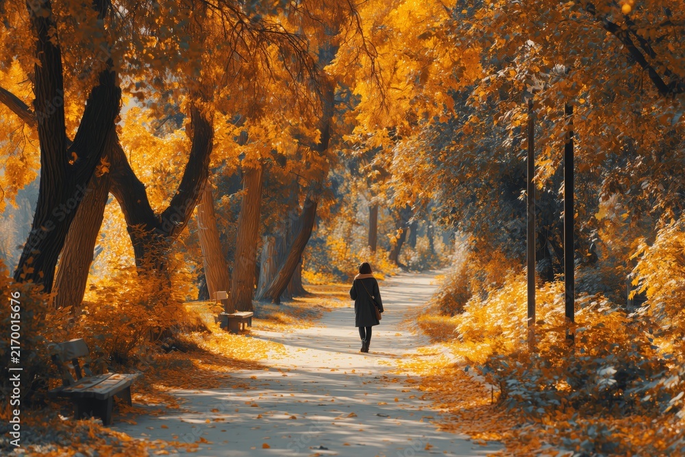 Fototapeta premium Vibrant Autumn Park Path with Solitary Woman Walking