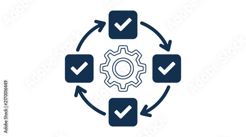 Continuous process improvement vector graphic featuring gear icon surrounded by cycle of checkmark boxes