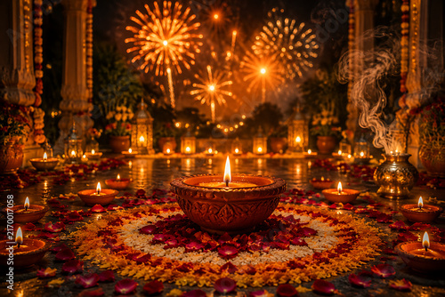 This magical nighttime scene captures a traditional Hindu celebration featuring a glowing clay diya lamp surrounded by colorful flower petals, lit candles, festive lanterns, and bright fireworks burst