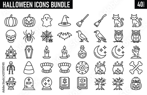 Black and white Halloween-themed icons for commercial and festive designs.