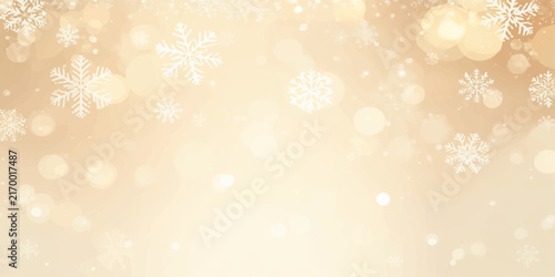 Abstract Golden Christmas Background with Snowflakes, Sparkling Bokeh Lights, Glowing Holiday Decorations and Festive Winter Pattern for Christmas Card Design