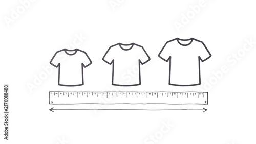 Three white t-shirt mockups displayed side-by-side on a horizontal measuring ruler for sizing comparison.