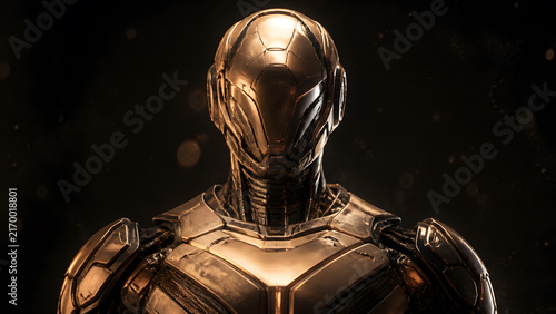 Golden robot head portrait glows warmly against a soft dark blurred background scene artwork wallpaper banner