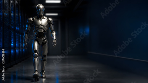 Silver robot walks steadily through a dark server room corridor lined with soft lights scene artwork