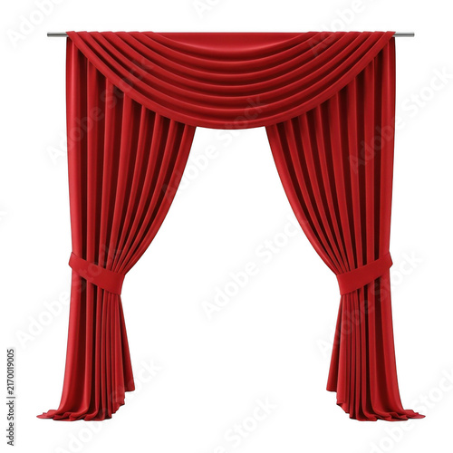 Luxurious red velvet curtains with decorative tie-backs isolated on transparent background for stage presentation