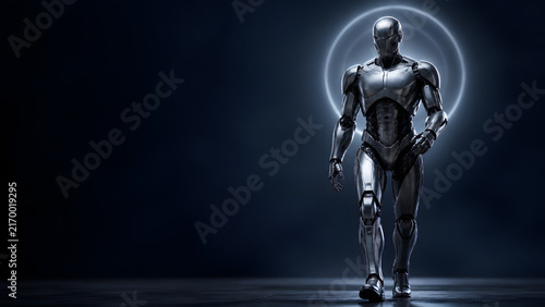 Silver robot walking forward at night with glowing halo ring illuminated behind its head dramatically