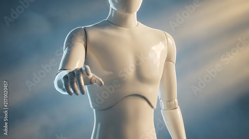 Robot torso reaching out with open hand under soft blue light beam in indoor studio scene