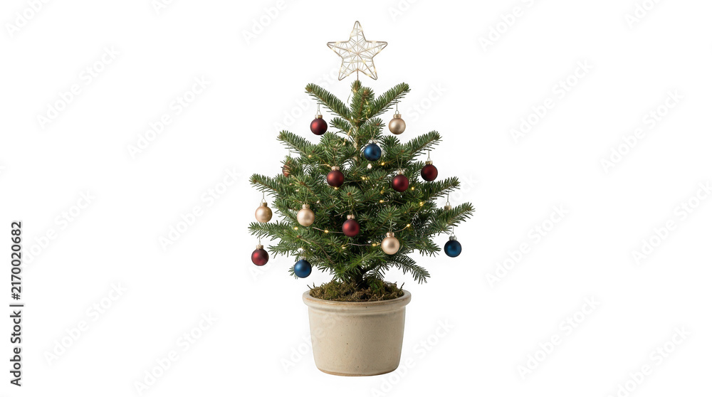 Fototapeta premium Small potted christmas tree with ornaments and star topper isolated on transparent background