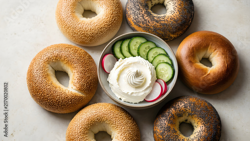 Assorted bagels with cream cheese and seeds