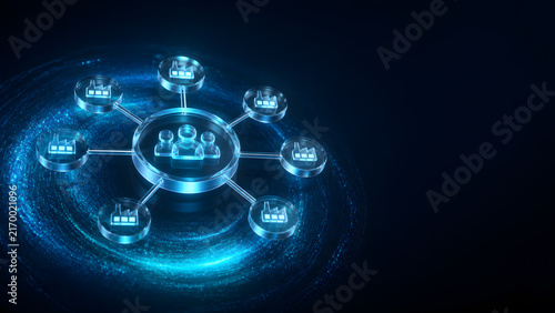 central people icon connects to multiple factory nodes representing industrial supply chain management network design