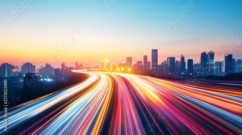 Luminous Horizon Above the Downtown Rooftops: Urban Skyline Background With Blurred Traffic Light Trails â€“ Skyline Study 6