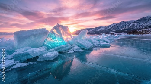 Majestic blue ice shards glittering under vibrant pink sunset light over frozen lake Baikal winter landscape