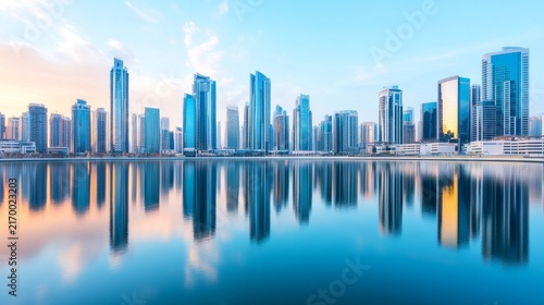 Silver Daylight Across the Calm Waterfront: Urban Skyline Background Reflected In Calm Water Luxury Real â€“ Skyline Study 3