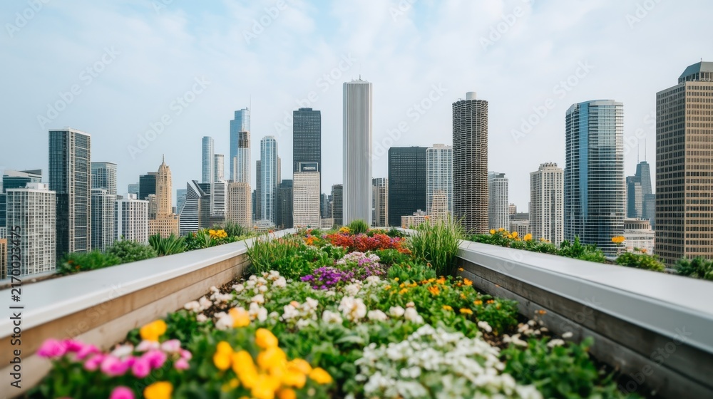 Fototapeta premium Soft Overcast Light Along the Bright Commercial Skyline: Urban Skyline Background With Rooftop Garden Foreground Susta â€“ Skyline Study 4