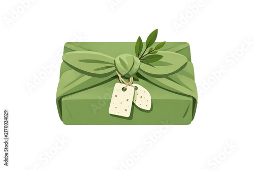 Green fabric wrapped gift with leafy knot