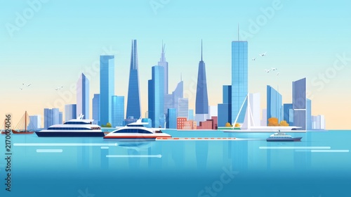 Summer Glow Near the Contemporary High-Rises: Urban Skyline Background With Ferry Route And River Towers â€“ Skyline Study 3