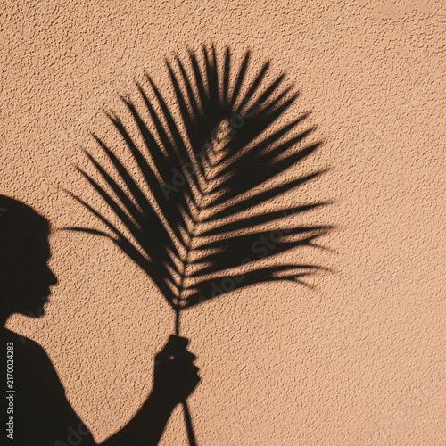 Abstract shadow silhouette of a person holding a large tropical palm leaf against a warm terracotta textured stucco wall. Minimalist summer aesthetic and sunny vacation concept with copy space.