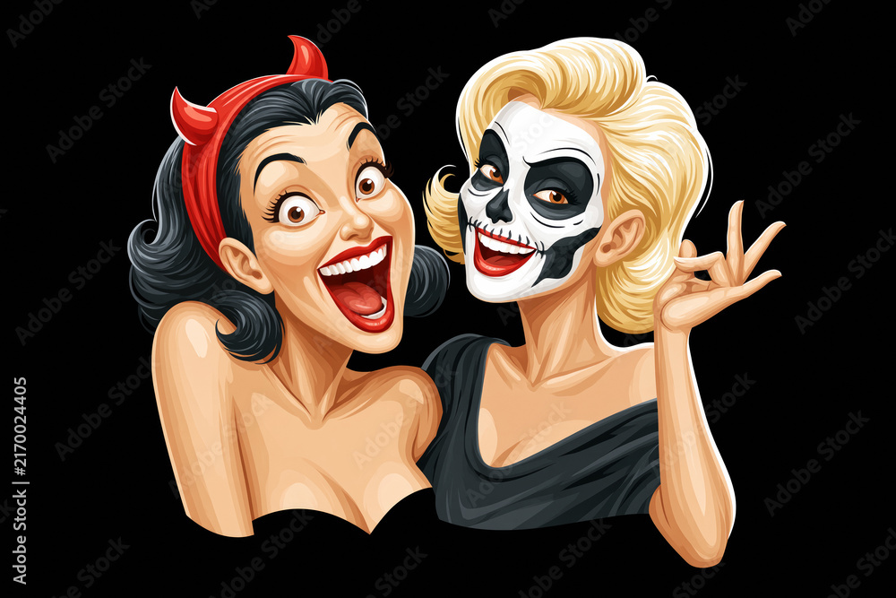Obraz premium Two pin-up women in devil and skeleton face makeup laughing, vintage comic-style illustration