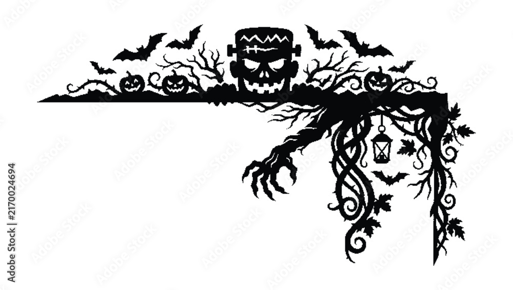 Fototapeta premium Halloween Corner Border with Frankenstein and Pumpkins
