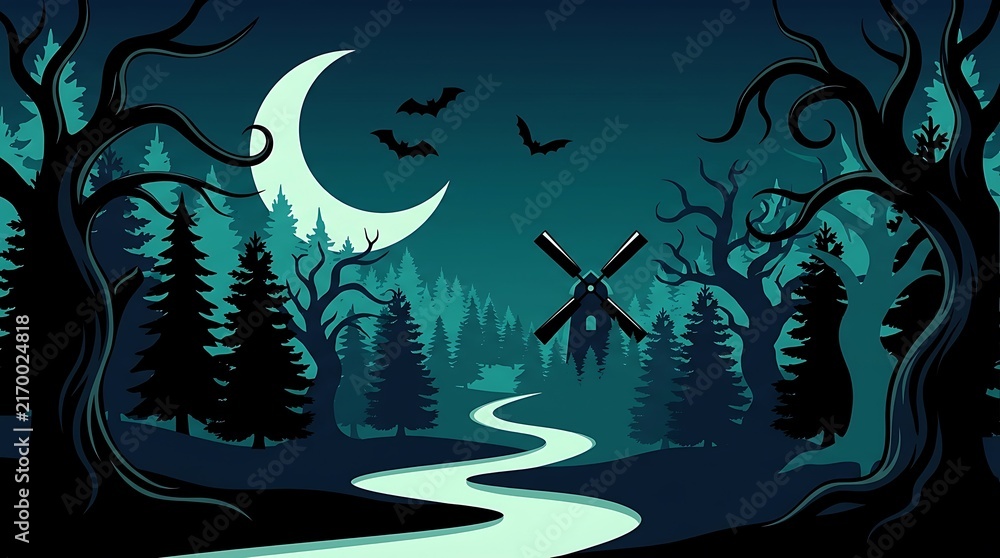 Fototapeta premium A Spooky Forest Landscape Featuring A Winding River And A Distant Windmill