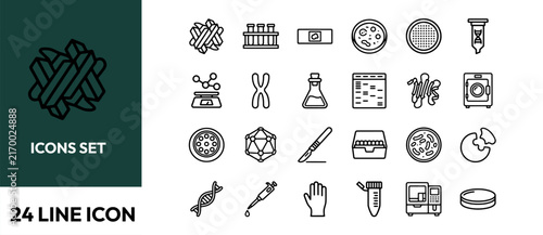 Set of 24 line icons for science and laboratory equipment, including dna, microscope, test tubes, and petri dishes