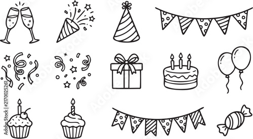 Decorative party elements collection featuring hand drawn style icons including balloons cake presents and festive banners for birthday celebration vector